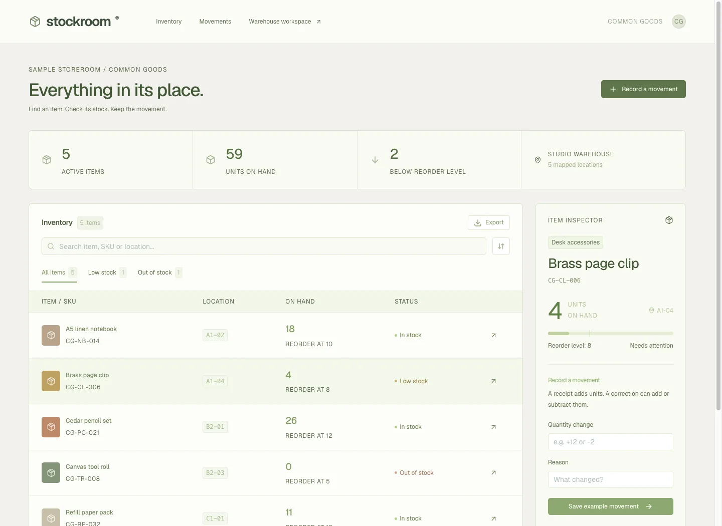 Stockroom: application interface